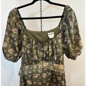 Arula Floral Cottagecore Dress Puff Sleeve Milkmaid Tie Front Green 1X estimated